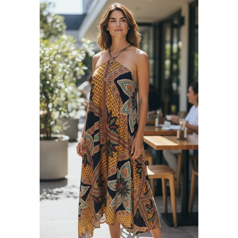 Gracia Scarf Print Halter Dress Womens Navy Gold Handkerchief Hem Small